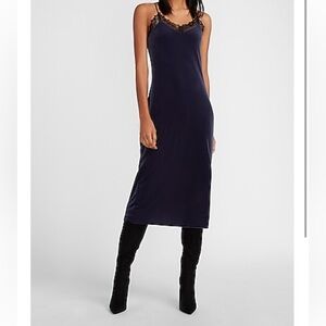 Velvet Navy Blue Lace Trim Dress